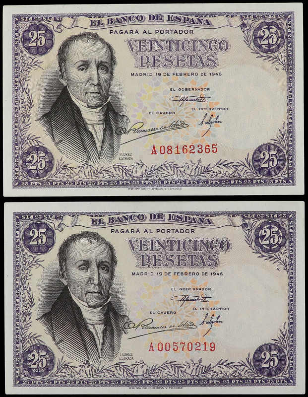 Lote 2 billetes 25 Pesetas. 19 Febrero 1946. Flórez Estrada. Serie A. (Leves arr...