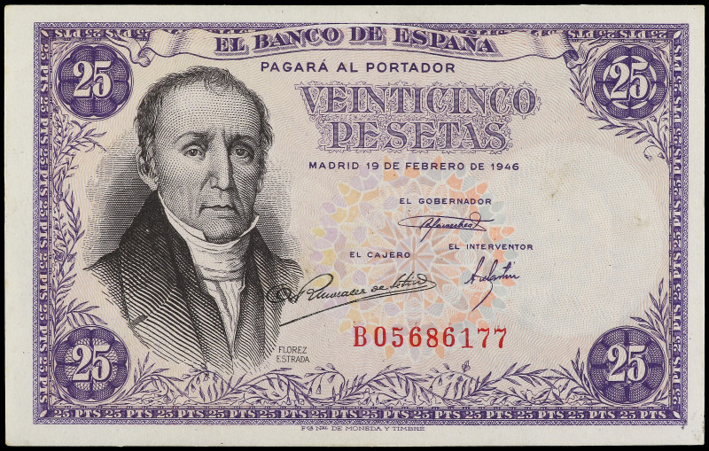 25 Pesetas. 19 Febrero 1946. Flórez Estrada. Serie B. (Leves manchitas). Ed-450a...