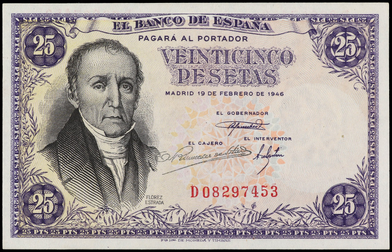 25 Pesetas. 19 Febrero 1946. Flórez Estrada. Serie D. (Levísimas manchitas y cas...