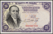 25 Pesetas. 19 Febrero 1946. Flórez Estrada. Serie D. (Levísimas manchitas y casi inapreciable erosión en esquina de reverso). Ed-450a. SC-.