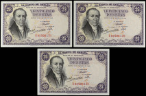 Lote 3 billetes 25 Pesetas. 19 Febrero 1946. Flórez Estrada. Serie E. Trio correlativo. (Arruguitas). A EXAMINAR. Ed-450a. EBC+.