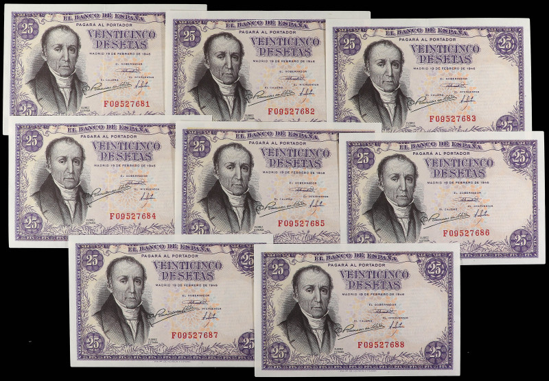 Lote 8 billetes 25 Pesetas. 19 Febrero 1946. Flórez Estrada. Serie F. Todos corr...