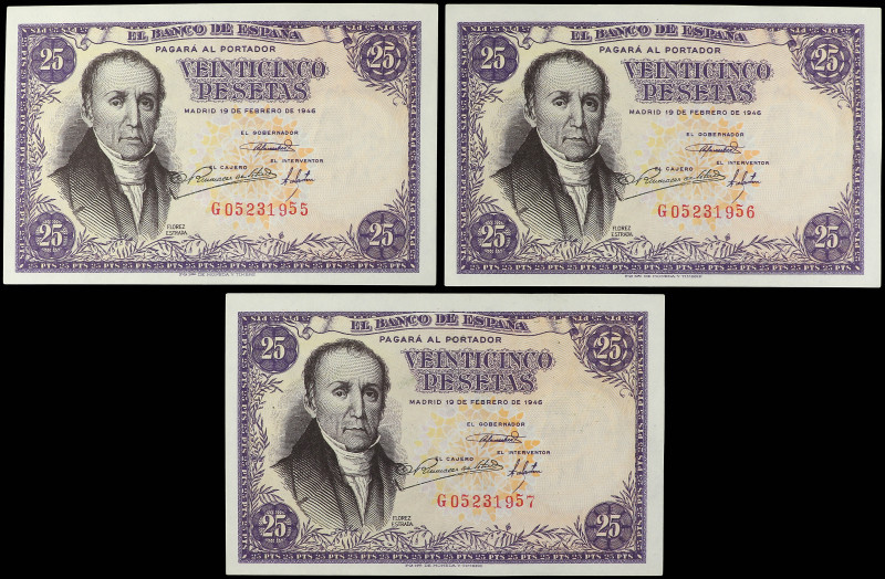 Lote 3 billetes 25 Pesetas. 19 Febrero 1946. Flórez Estrada. Serie G. Trío corre...