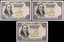 Lote 3 billetes 25 Pesetas. 19 Febrero 1946. Flórez Estrada. Serie G. Trío correlativo. (Arruguitas). Ed-450a. SC-.