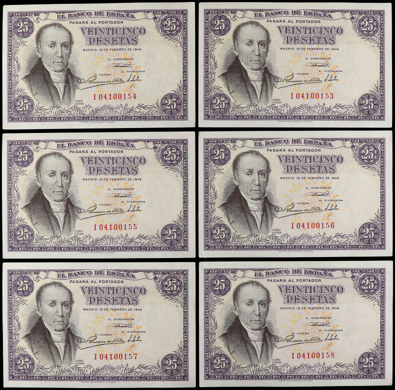 Lote 6 billetes 25 Pesetas. 19 Febrero 1946. Flórez Estrada. Serie I. Todos corr...