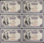 Lote 6 billetes 25 Pesetas. 19 Febrero 1946. Flórez Estrada. Serie I. Todos correlativos. (Algunas leves manchitas, esquinas algo rozadas y arrugas). ...