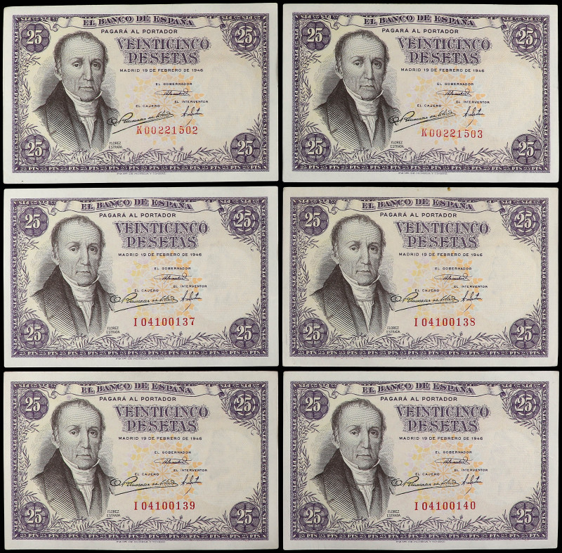 Lote 6 billetes 25 Pesetas. 19 Febrero 1946. Flórez Estrada. Serie I (4) y K (2)...