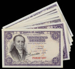 Lote 11 billetes 25 Pesetas. 19 Febrero 1946. Flórez Estrada. Sin serie y series: C, E, F, J. Ed-450, 450a. MBC+ a EBC.