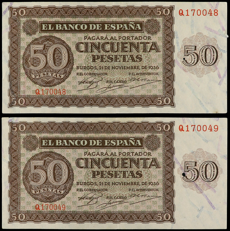 Lote 2 billetes 50 Pesetas. 21 Noviembre 1936. Serie Q. Pareja correlativa. (Los...