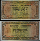 Lote 2 billetes 50 Pesetas. 22 Mayo 1938. Castillo de Olite. Serie B. Ed-431a. EBC+.