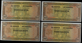 Lote 4 billetes 50 Pesetas. 22 Mayo 1938. Castillo de Olite. Serie C. Numeración muy cercana, casi correlativa. Ed-431a. EBC- a EBC.