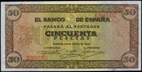 50 Pesetas. 22 Mayo 1938. Castillo de Olite. Serie E. Ed-431a. EBC.