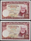 Lote 2 billetes 50 Pesetas. 31 Diciembre 1951. Rusiñol. Sin serie. Pareja correlativa. (Arruga). Ed-462. EBC+.