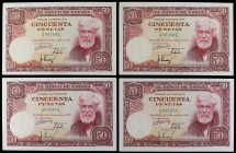 Lote 4 billetes 50 Pesetas. 31 Diciembre 1951. Rusiñol. Sin Serie. Dos parejas correlativas. (Pequeñas arruguitas, alguna esquinita algo rozada, ínfim...
