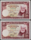 Lote 2 billetes 50 Pesetas. 31 Diciembre 1951. Rusiñol. Serie A. Pareja correlativa. (esquinitas levemente rozadas, leves manchitas de impresión). Ed-...
