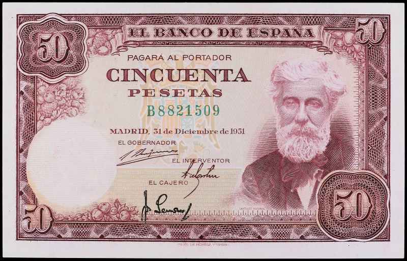 50 Pesetas. 31 Diciembre 1951. Rusiñol. Serie B. Ed-462a. SC.