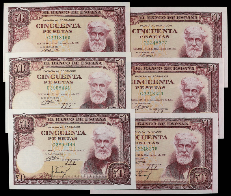 Lote 6 billetes 50 Pesetas. 31 Diciembre 1951. Rusiñol. Serie C. (Leves arruguit...