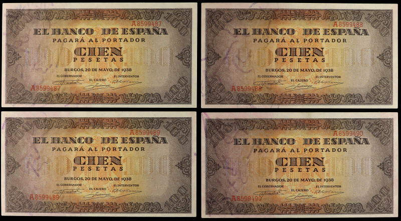 Lote 4 billetes 100 Pesetas. 20 Mayo 1938. Casa del Cordón. Serie A. Cuarteto co...