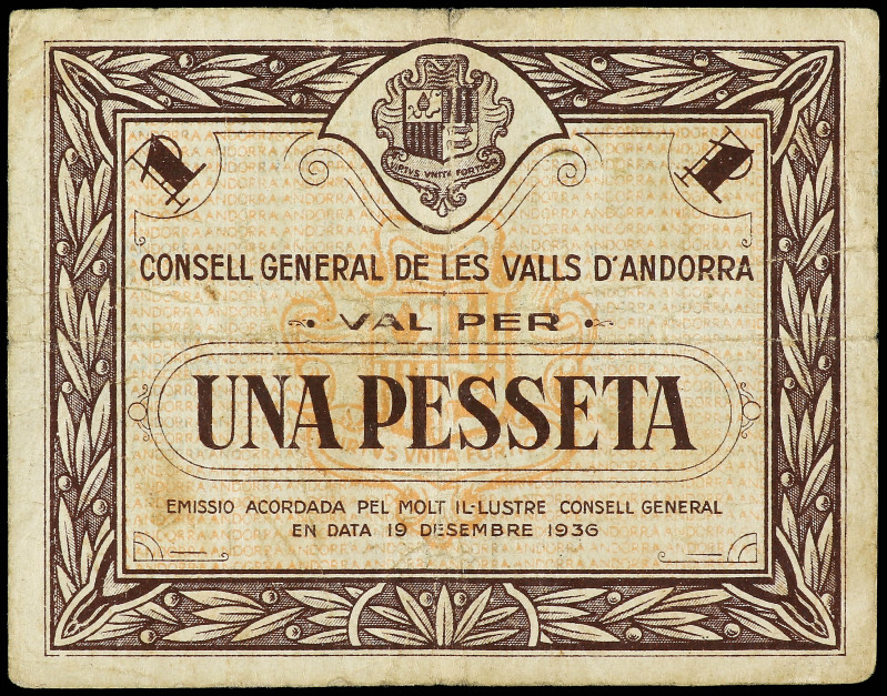 1 Pesseta. 19 Desembre 1936. CONSELL GENERAL DE LES VALLS D´ANDORRA. Emisión mar...