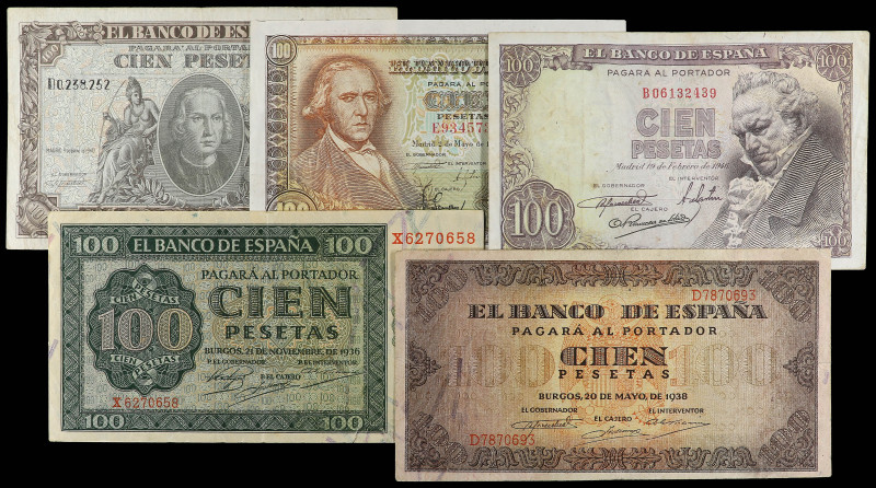 Lote 5 billetes 100 Pesetas. 1936 a 1948. 100 Pesetas mayo 1938 Casa del Cordón ...