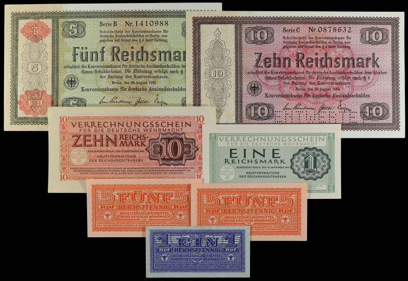 Lote 7 billetes 1, 5 Reichpfennig (2), 1, 10 Reichmark; 5 y 10 Marcos. 1933, 193...