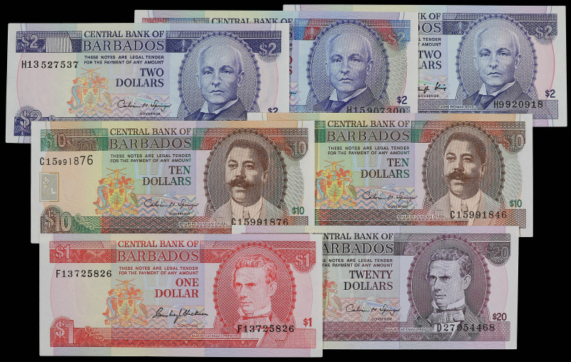 Lote 7 billetes 1, 2 (3), 10 (2) y 20 Dólares. (1973) a (1995). BARBADOS. Incluy...