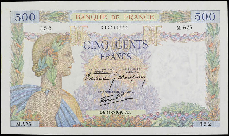 500 Francs. 11 Julio 1940. FRANCIA. Pax. (Dos puntos de grapa en esquina izquier...