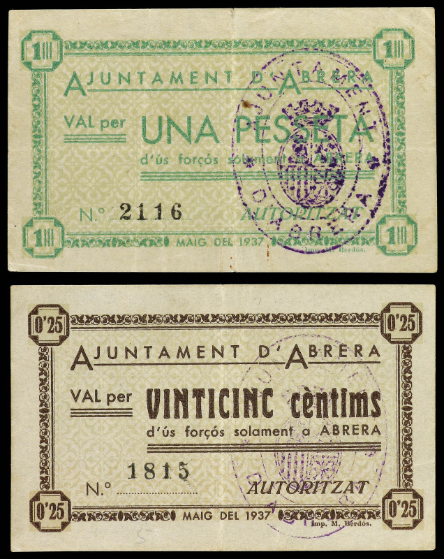 Lote 2 billetes 25 Cèntims y 1 Pesseta. Maig 1937. Aj. d´ ABRERA. AT-1/2. MBC y ...