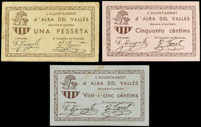 Lote 3 billetes 25 y 50 Cèntims y 1 Pesseta. 1937. Aj. d´ ALBA DEL VALLÈS. (Algu...