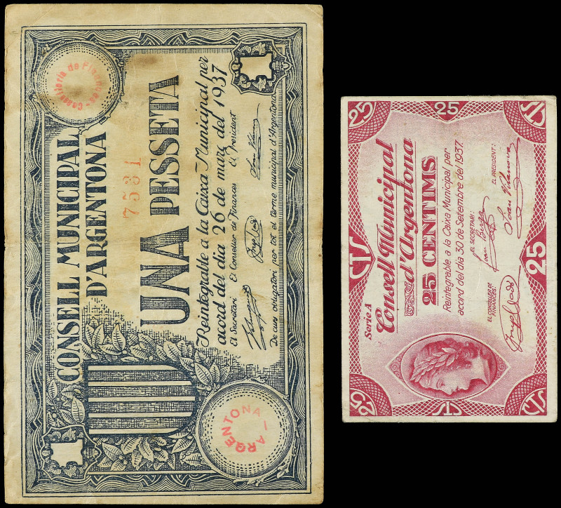 Lote 2 billetes 25 Cèntims y 1 Pesseta. 1937. C.M. d´ ARGENTONA. AT-205/06. MBC ...