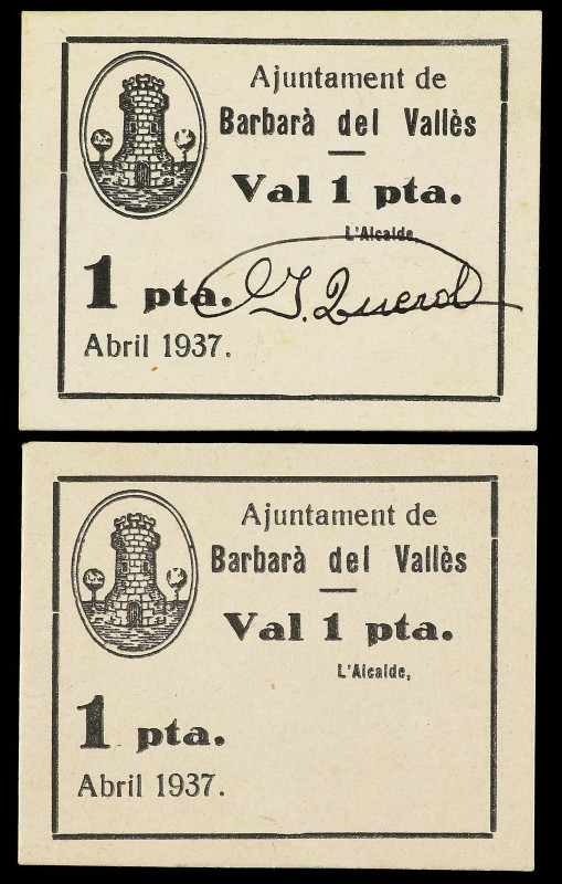 Lote 2 billetes 1 Pesseta. Abril 1937. Aj. de BARBERA DEL VALLES. Cartón. Uno si...