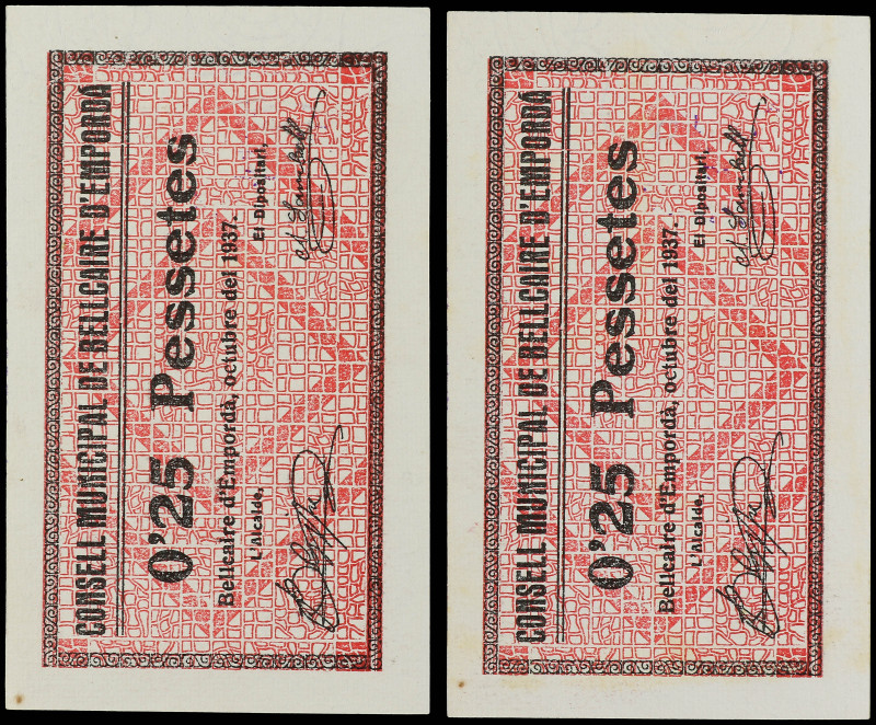 Lote 2 billetes 0, 25 Pessetes. Octubre 1937. C.M. de BELLCAIRE D´ EMPORDÀ. Pare...