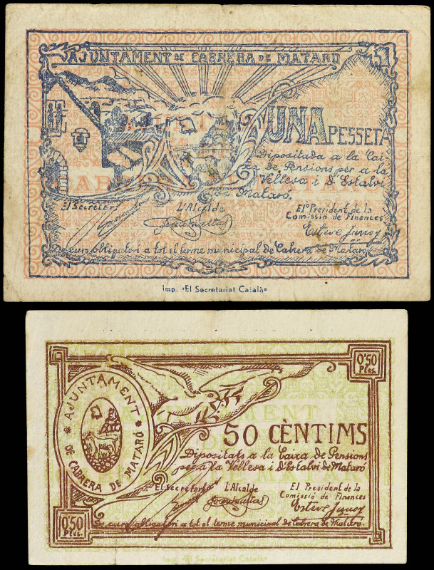 Lote 2 billetes 50 Cèntims y 1 Pesseta. Aj. de CABRERA DE MATARÓ. (Algo sucios)....