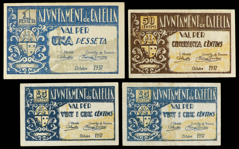 Lote 4 billetes 25 (2) y 50 Cèntims y 1 Pesseta. Octubre 1937. Aj. de CALELLA. A...