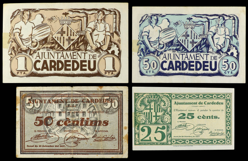 Lote 4 billetes 25, 50 Cèntims (2) y 1 Pesseta. Juny y Setembre 1937. Aj. de CAR...