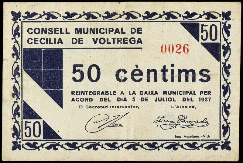 50 Cèntims. 5 Juliol 1937. C.M. de CECÍLIA DE VOLTREGÀ. Numeraación baja: 0026. ...