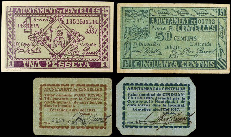 Lote 4 billetes 50 Cèntims y 1 Pesseta. Abril 1937 y Juliol 1937. Aj. de CENTELL...