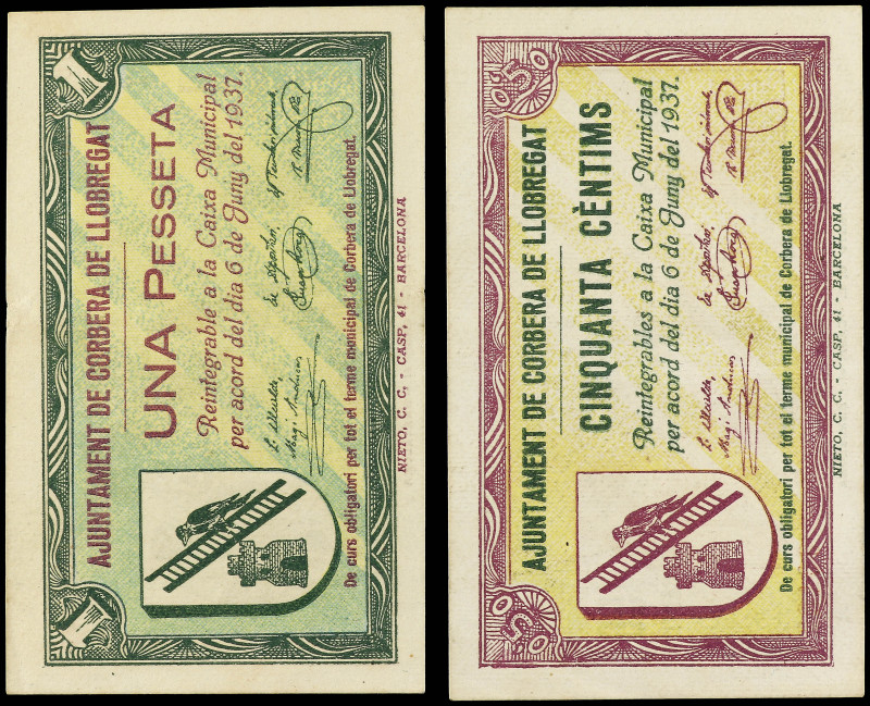 Lote 2 billetes 50 Cèntims y 1 Pesseta. 6 Juny 1937. Aj. de CORBERA DE LLOBREGAT...