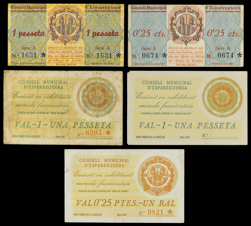 Lote 5 billetes 0, 25 (2) y 1 Pesseta (3). Març y Setembre 1937. C.M. d´ ESPARRA...