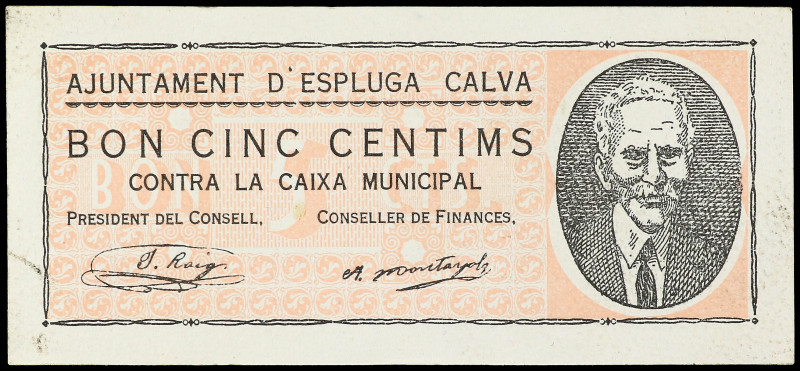 5 Cèntims. 1 Octubre 1937. Aj. d´ ESPLUGA CALVA. RARO. AT-953. SC-.