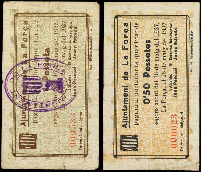 Lote 2 billetes 0, 50 y 1 Pesseta. 16 Maig 1937. Aj. de LA FORÇA. El de 0, 50 Pe...