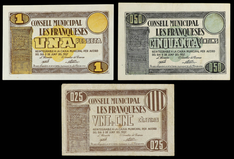 Lote 3 billetes 25, 50 Cèntims y 1 Pesseta. 5 juny 1937. C.M. de LES FRANQUESES....