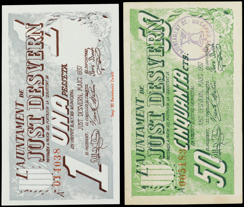 Lote 2 billetes 50 Cèntims y 1 Pesseta. Maig 1937. Aj. de JUST DESVERN. A EXAMIN...