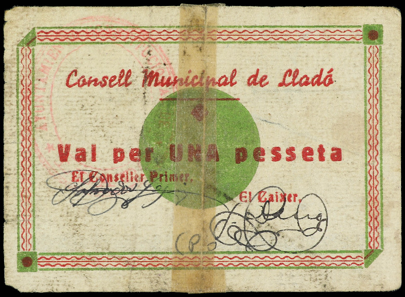 1 Pesseta. Abril 1937. C.M. de LLADÓ. (Roturas y restauraciones con adhesivo). M...