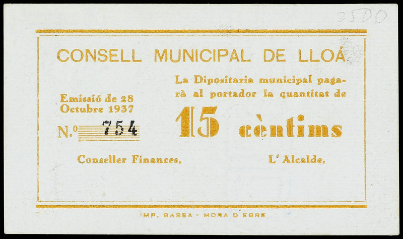 15 Cèntims. 28 Octubre 1937. C.M. de LLOA. Sin firmas ni sello tampón. RARO. AT-...