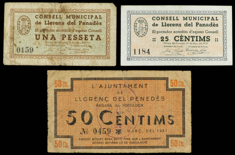 Serie 3 billetes 25, 50 Cèntims y 1 Pesseta. Març 1937 y 19 Març 1937. Aj. de LL...