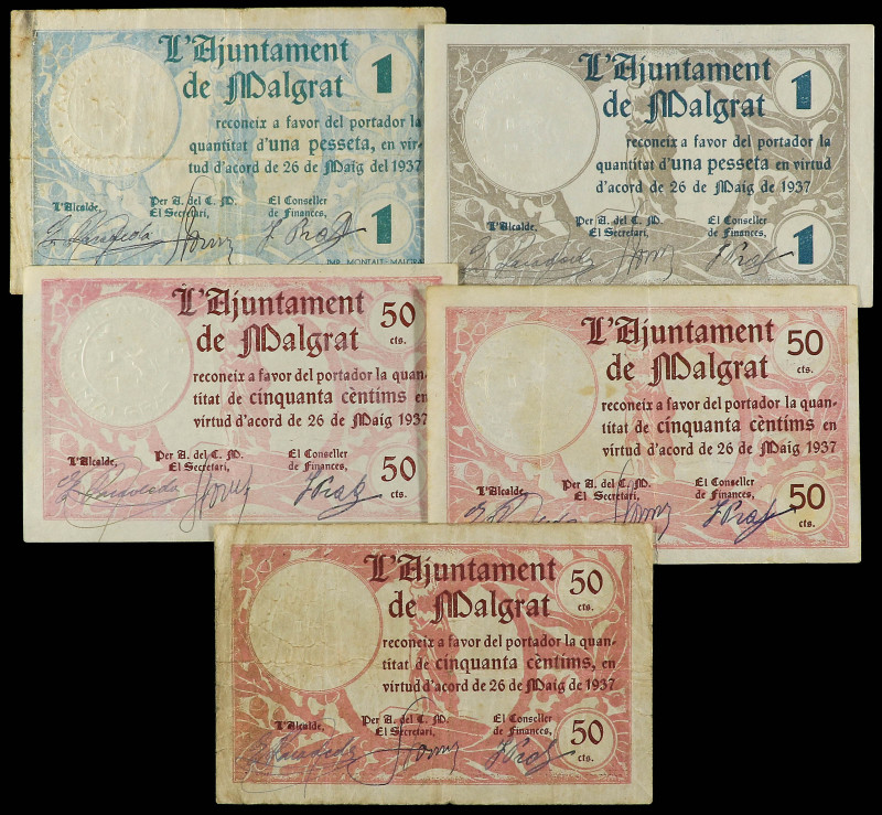 Lote 5 billetes 50 Cèntims (3) y 1 Pesseta (2). 26 Maig 1937. Aj. de MALGRAT. 50...