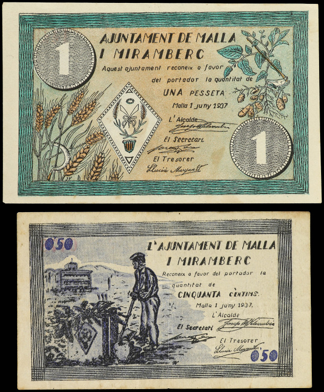 Lote 2 billetes 50 Cèntims y 1 Pesseta. 1 Juny 1937. Aj. de MALLA I MIRAMBERC. 1...