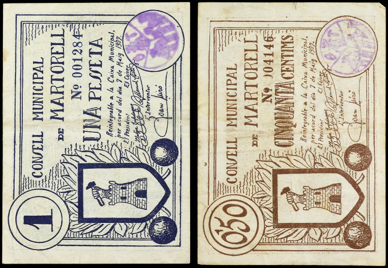 Lote de 2 billetes de 50 Cèntims y 1 Pesseta. 7 Maig 1937. C.M. de MARTORELL. (P...