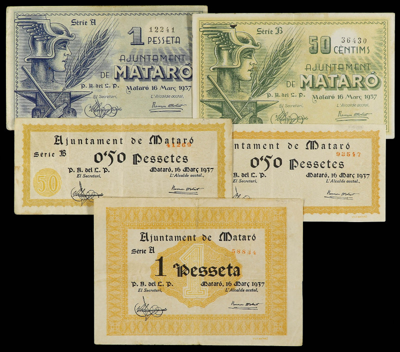 Lote 5 billetes 0, 50 pessetes (3) y 1 Pesseta (2). 16 Març 1937. Aj. de MATARÓ....